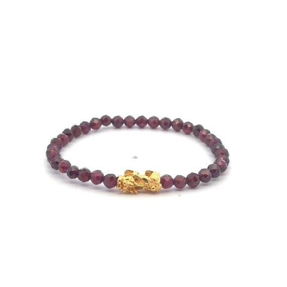 18K Gold Pixiu Piyao Bracelet Gemstone Mini Bead Garnet Microfaceted 4mm January - Picture 1 of 6